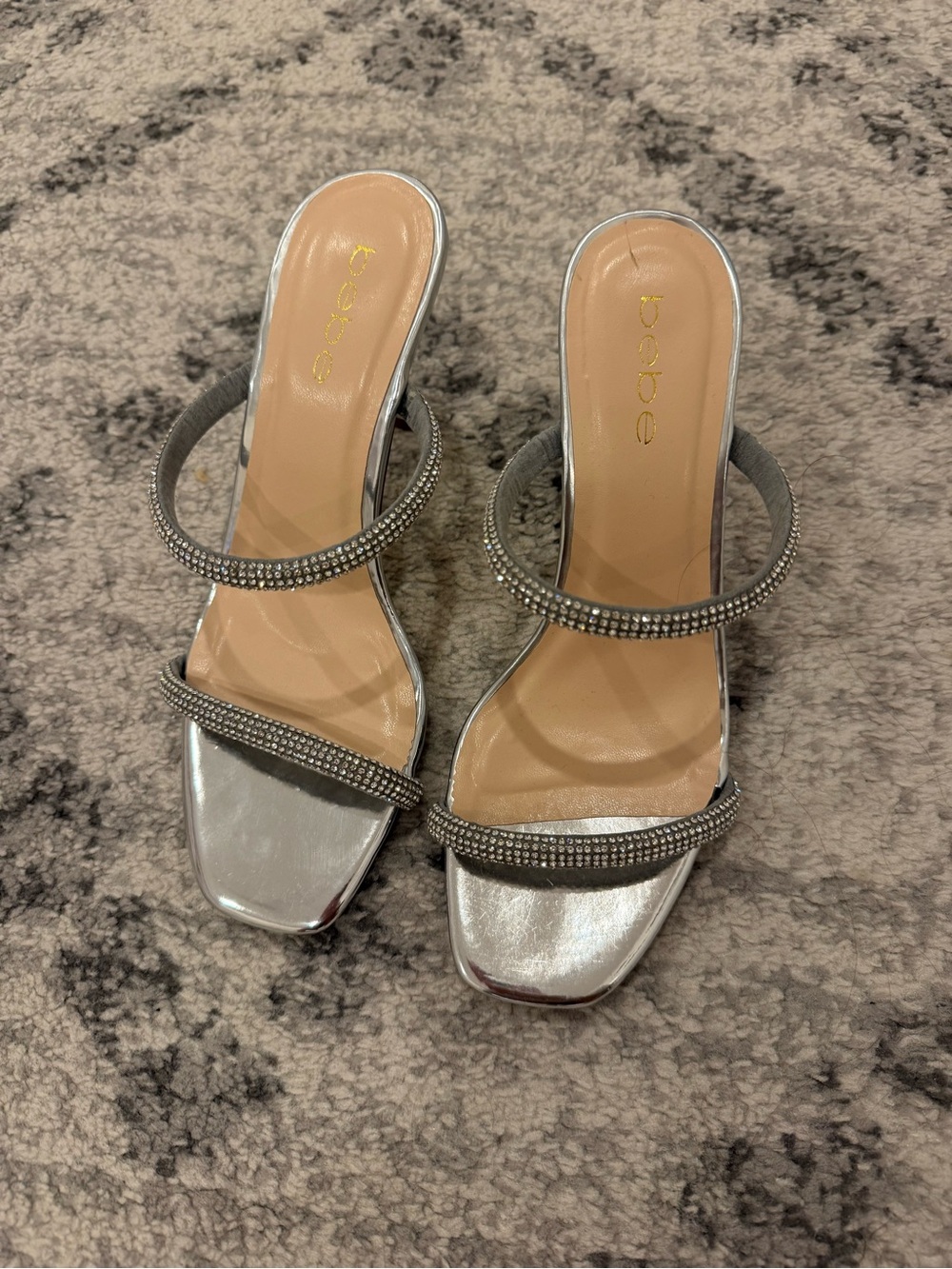 bebe Metallic Silver Rhinestone Double-Strap Mule Heels